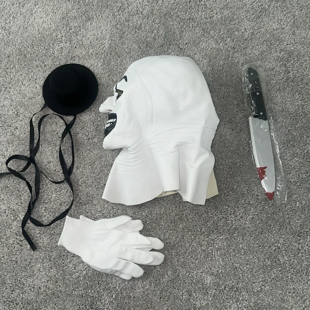 Terrifier Art The Clown Cosplay Mask Halloween Black Hat, Gloves, Knife